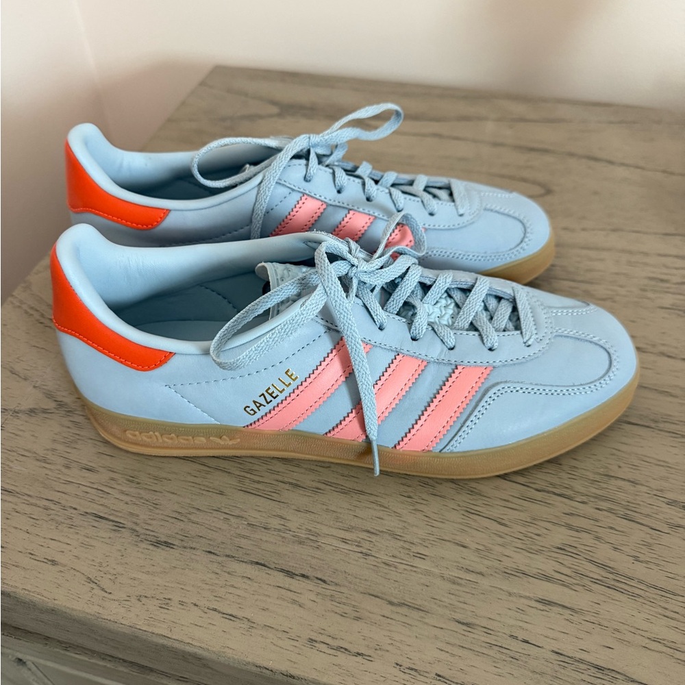 Brand New adidas Gazelle Light Blue Sneakers with Pink Stripes and Orange Heel